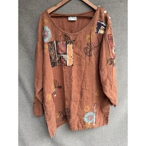 Victoras Patchwork Art Tunic Top Brown One Size‎ Linen Blend Abstract Floral
